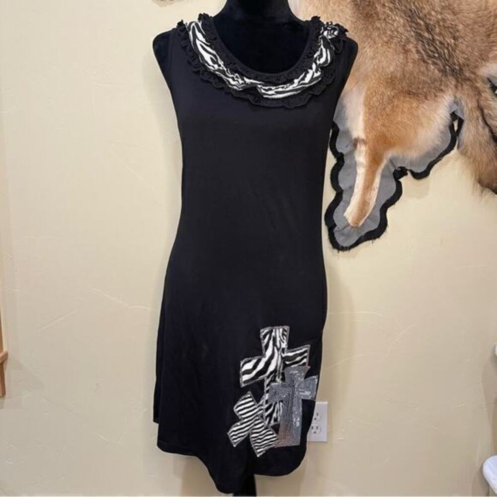 Black‎ Cotton Sleeveless Dress Small* Ruffles Cross Boutique Zebra Y2K Summer